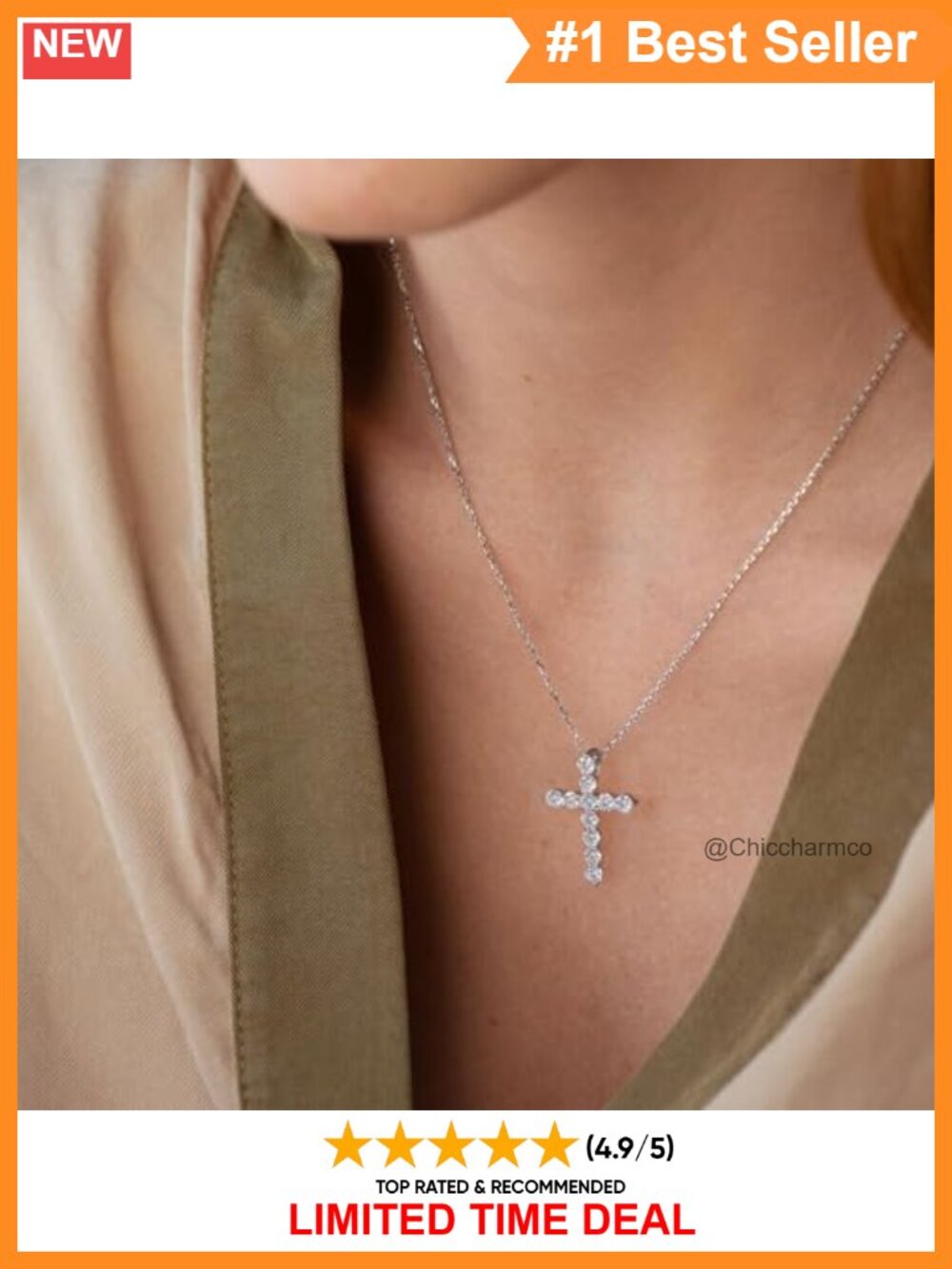 Moissanite Cross Pendant Necklace Sterling Silver 18K Gold Plated - Picture 5 of 6
